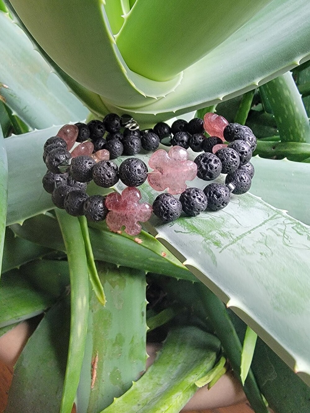 Handmade Black Lava Bead  Bracelet with Strawberry Quartz  Floral Stones